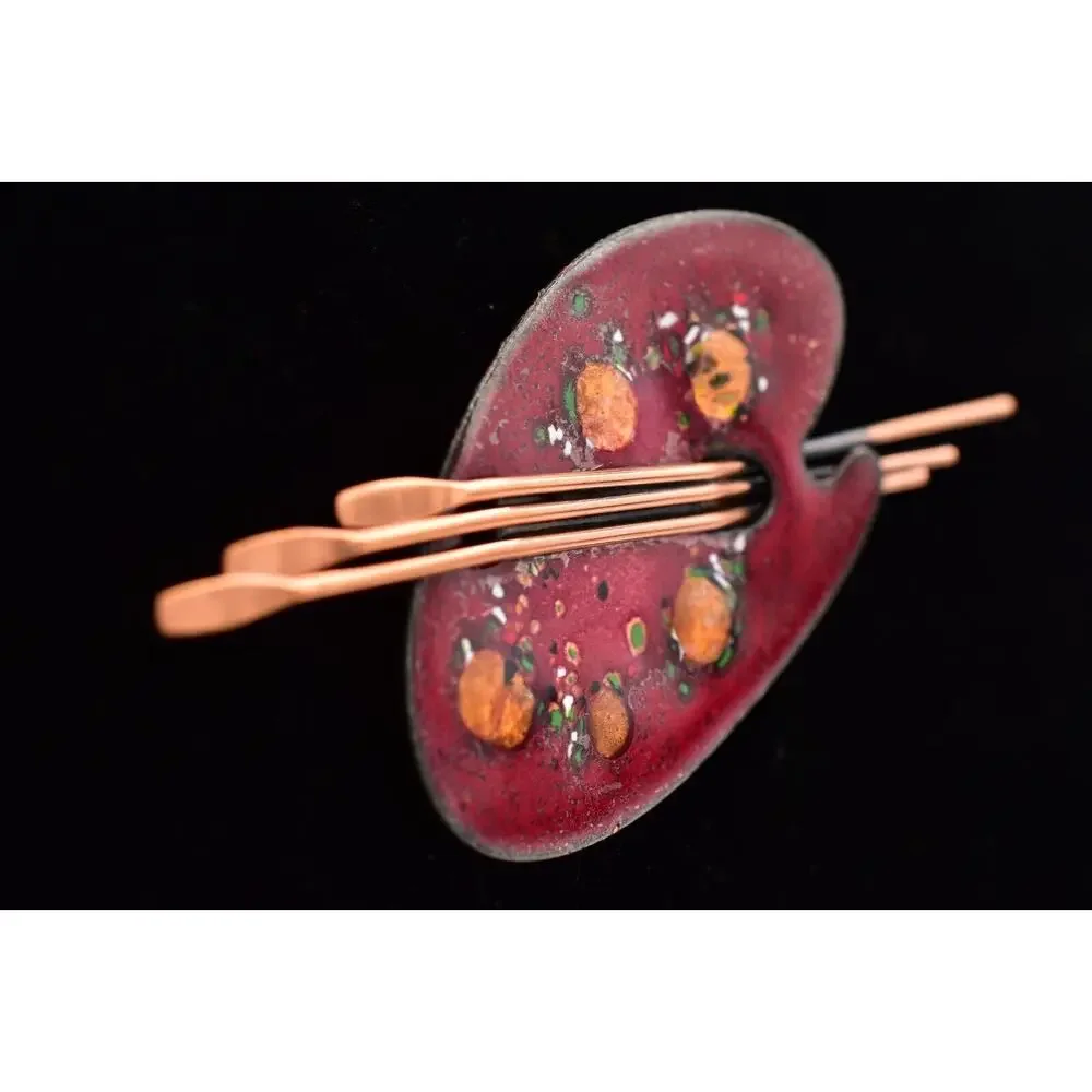 Matisse Renoir Palette Brooch Pin Copper Red Enamel Vintage Signed 1950s BinBG
